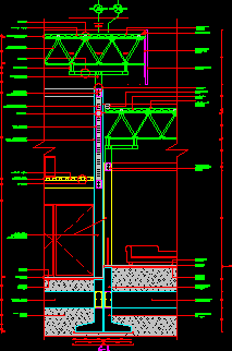 Corte de edificio con cubierta metalica - detalle  de vigas metalicas para grandes luces